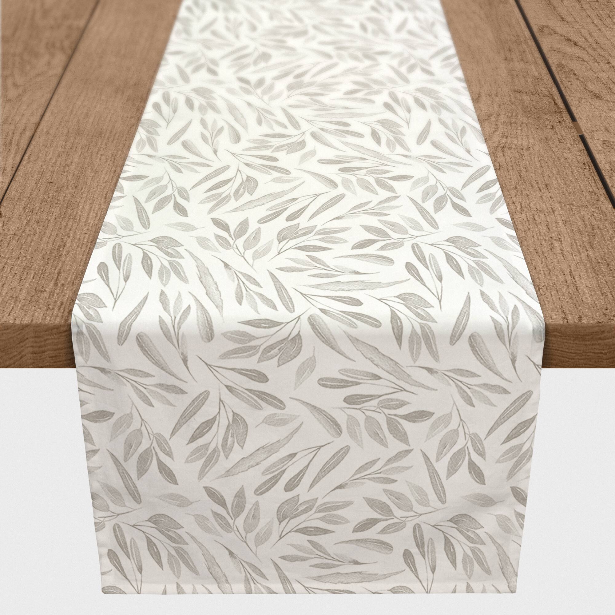 72" Soft Gray Leaves Cotton Twill Table Runner